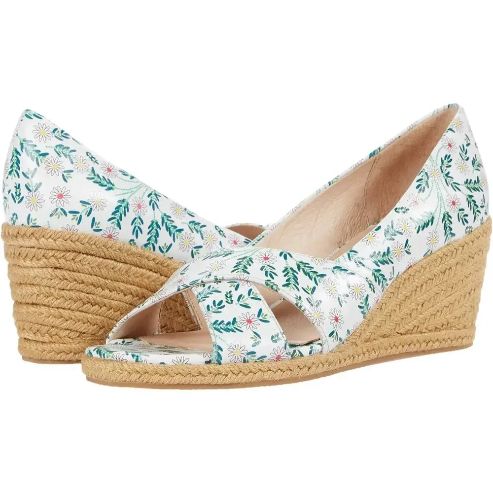 Jack Rogers Palmer Espadrille Wedge 9.5M White Daisy Leather Boho Summer NWOT